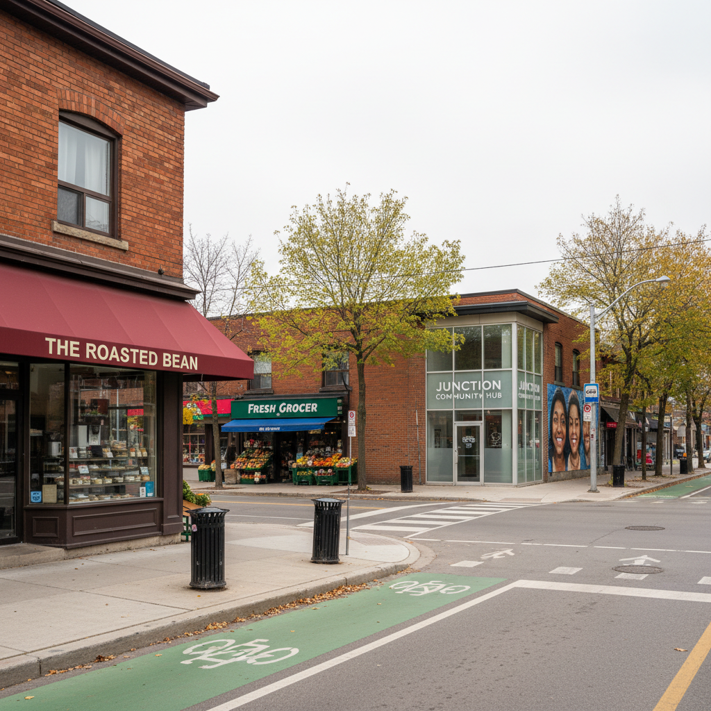 A photographic street-level scene at a Toronto neighbourhood main intersection, featuring a mix of low-rise storefronts with varied brick facades, an independent café, a small grocery, and a community center with glass doors. Street trees in protective grates line the wide sidewalk beside bike lanes marked clearly on the asphalt. Overcast daylight creates even, diffused lighting with minimal harsh shadows, emphasizing the colours of storefront awnings and mural art on a side wall. The camera is positioned slightly off-center following the rule of thirds, leading the eye down the active but people-free street. The mood is lively yet orderly and professional, capturing authentic local character rather than staged real-estate imagery.